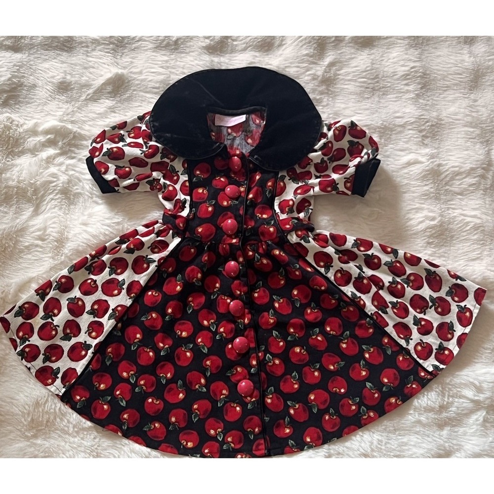 Vintage Fall Holiday  Dress Red Corduroy Red Apple Print Collar Buttons Girls
